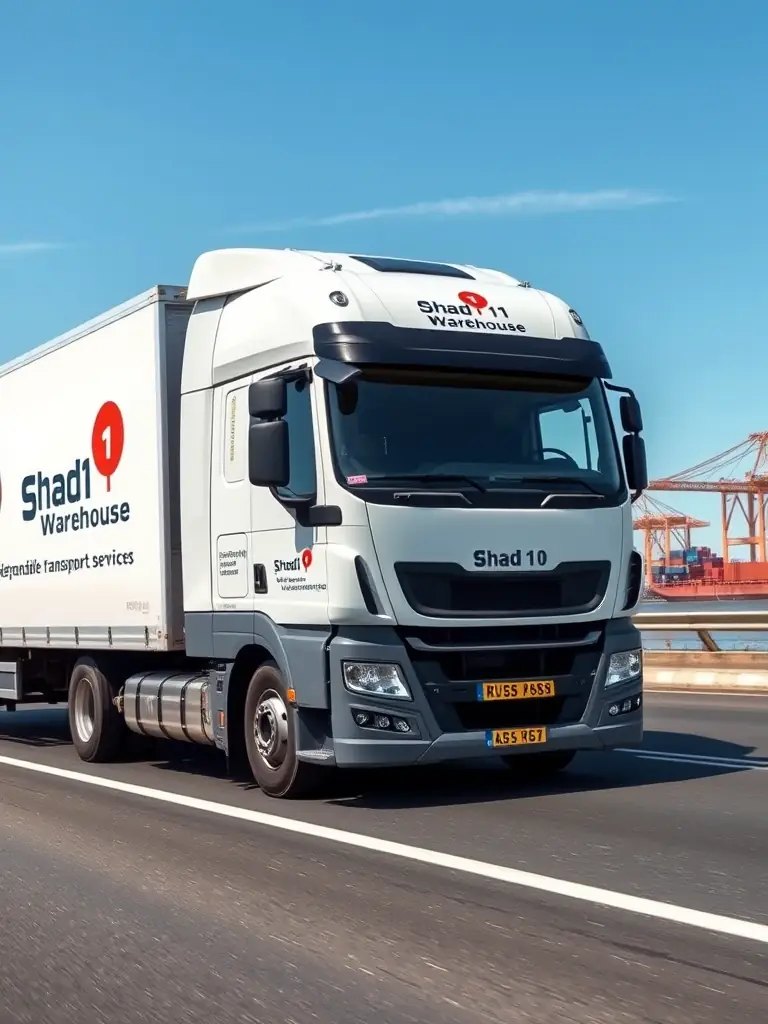 A modern truck with the Shad1 Warehouse logo on its side, driving on a highway near Dar es Salaam port, symbolizing reliable transportation services.