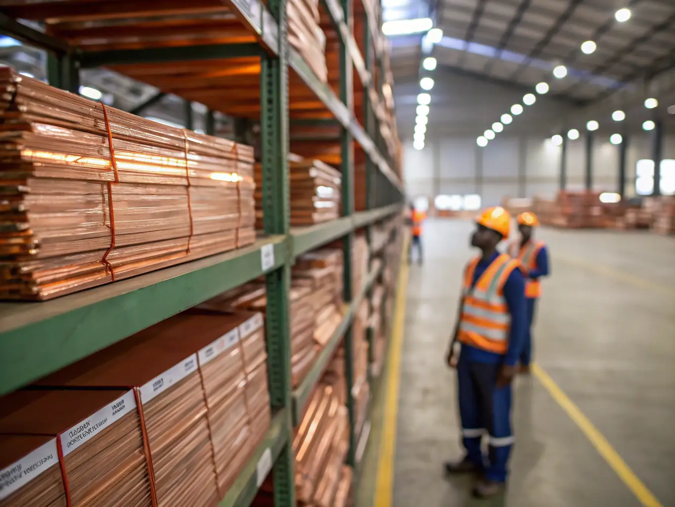 An image showcasing the spacious, well-organized warehouse with copper cathodes stored neatly on pallets, emphasizing the secure and efficient storage solutions provided by Shad1 Warehouse.